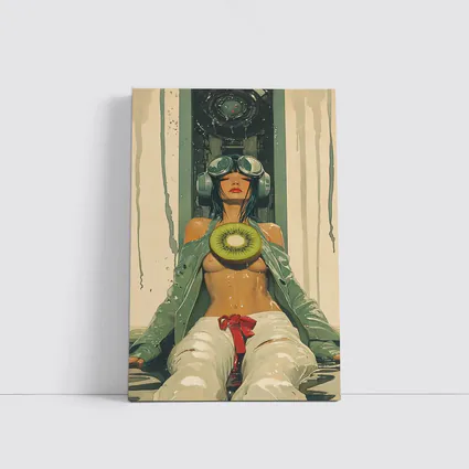 Cyberpunk Woman Holding Kiwi Industrial Background
