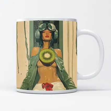 Cyberpunk Woman Holding Kiwi Industrial Background