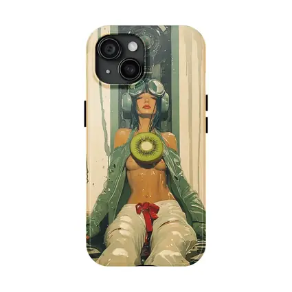 Cyberpunk Woman Holding Kiwi Industrial Background