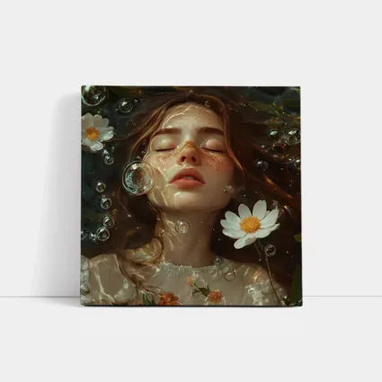 Dreaming Girl Floating Water Daisies Bubbles