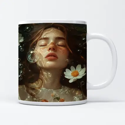 Dreaming Girl Floating Water Daisies Bubbles