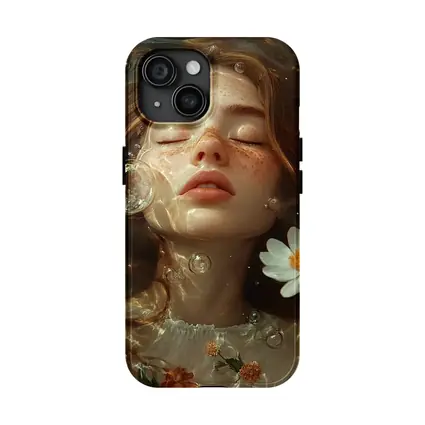 Dreaming Girl Floating Water Daisies Bubbles