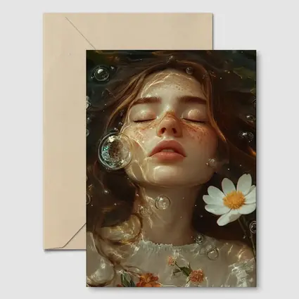 Dreaming Girl Floating Water Daisies Bubbles