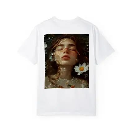 Dreaming Girl Floating Water Daisies Bubbles