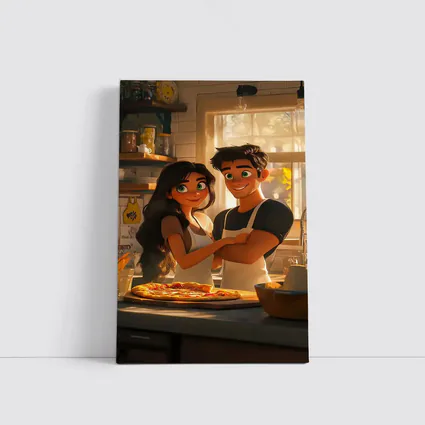 Animated Couple Making Pizza in Kitchen