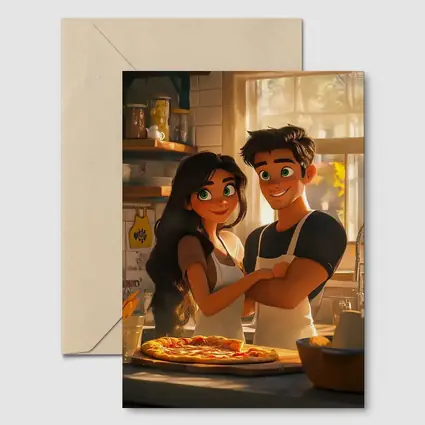 Animated Couple Making Pizza in Kitchen