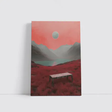 Surreal Red Landscape Moon Mountain Lake