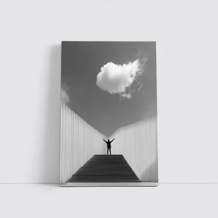 Man Arms Raised Stairs Black White
