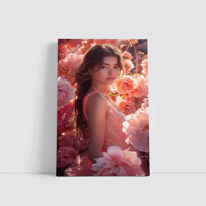 Young Woman Surrounded by Pink Peony Flowers