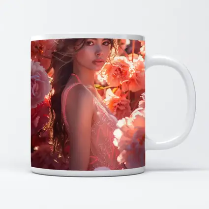 Young Woman Surrounded by Pink Peony Flowers
