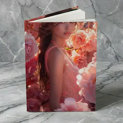 Young Woman Surrounded by Pink Peony Flowers