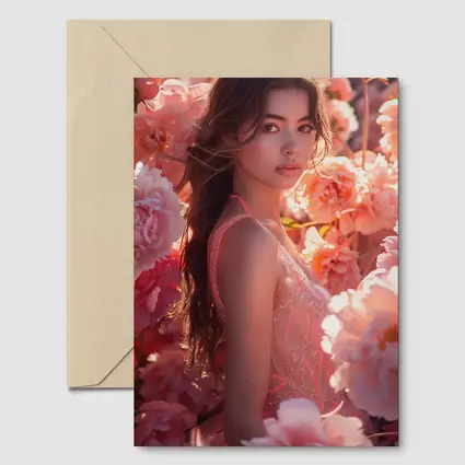 Young Woman Surrounded by Pink Peony Flowers