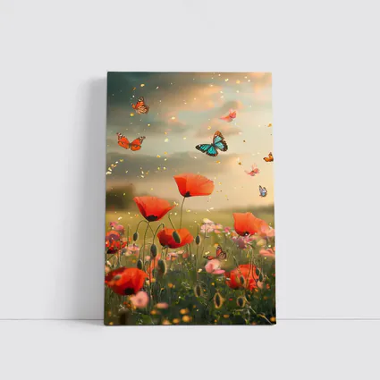 Red Poppies Field With Colorful Butterflies Flying