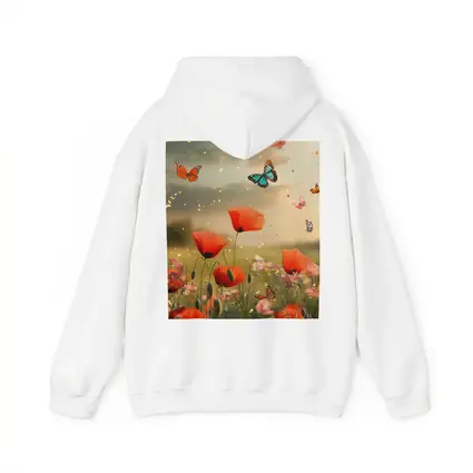 Red Poppies Field With Colorful Butterflies Flying
