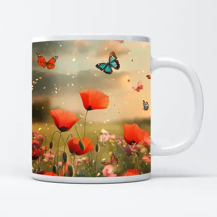 Red Poppies Field With Colorful Butterflies Flying