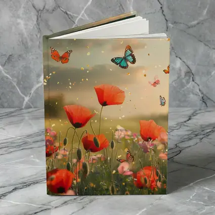 Red Poppies Field With Colorful Butterflies Flying