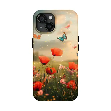 Red Poppies Field With Colorful Butterflies Flying