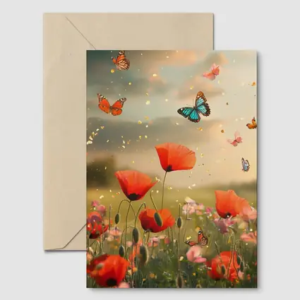Red Poppies Field With Colorful Butterflies Flying
