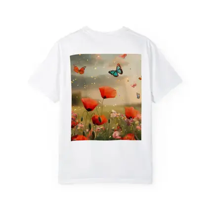 Red Poppies Field With Colorful Butterflies Flying