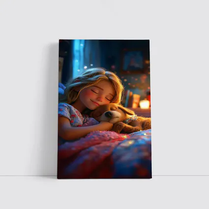 Girl Sleeping With Dog Cozy Bedroom Night
