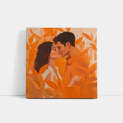 Couple Kissing Orange Leaves Romantic Painting