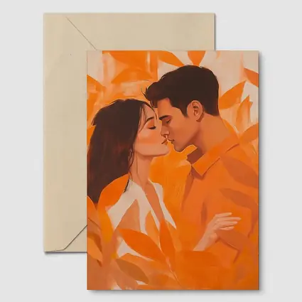Couple Kissing Orange Leaves Romantic Painting