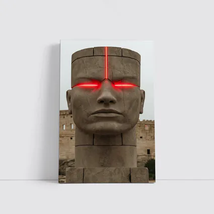 Ancient Stone Face Sculpture Red Glowing Eyes