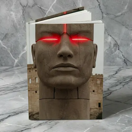 Ancient Stone Face Sculpture Red Glowing Eyes