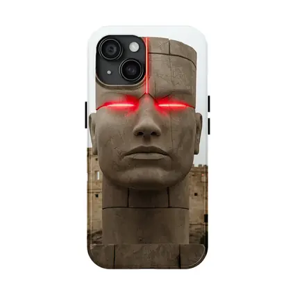 Ancient Stone Face Sculpture Red Glowing Eyes