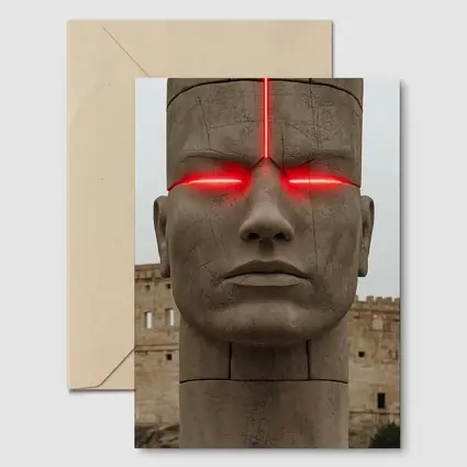 Ancient Stone Face Sculpture Red Glowing Eyes