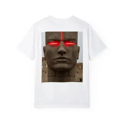 Ancient Stone Face Sculpture Red Glowing Eyes