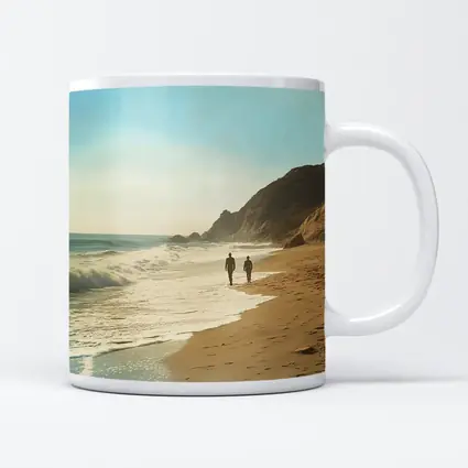 Two People Walking Along Sunny Beach Shore