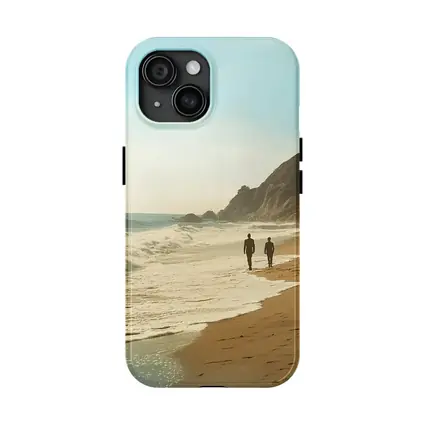 Two People Walking Along Sunny Beach Shore