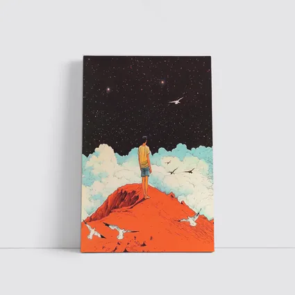 Boy Standing On Red Hill Starry Night
