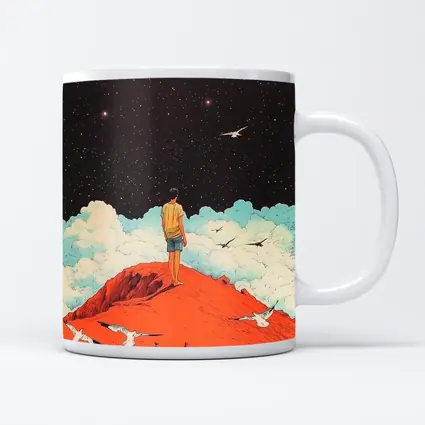 Boy Standing On Red Hill Starry Night