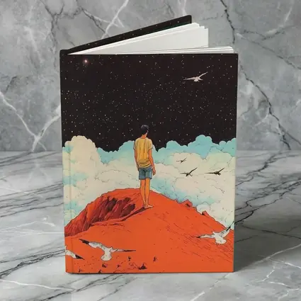 Boy Standing On Red Hill Starry Night