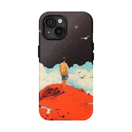 Boy Standing On Red Hill Starry Night