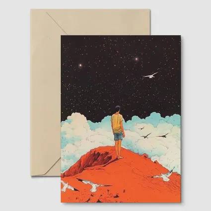 Boy Standing On Red Hill Starry Night