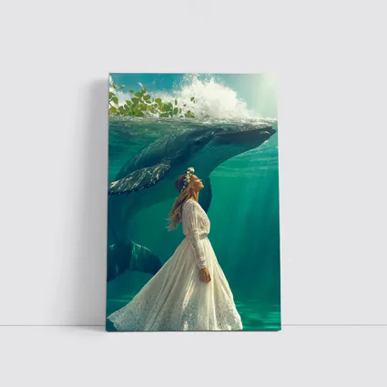 Woman in White Dress with Humpback Whale Underwater