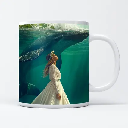 Woman in White Dress with Humpback Whale Underwater
