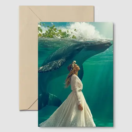 Woman in White Dress with Humpback Whale Underwater