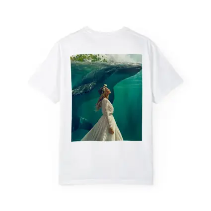 Woman in White Dress with Humpback Whale Underwater