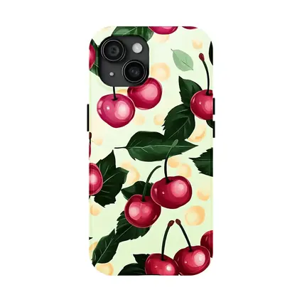Red Cherry Pattern With Green Leaves