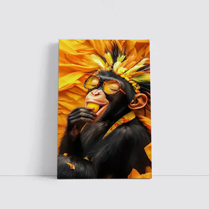 Chimpanzee With Sunglasses Yellow Feather Headdress