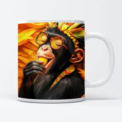 Chimpanzee With Sunglasses Yellow Feather Headdress