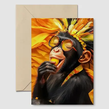 Chimpanzee With Sunglasses Yellow Feather Headdress