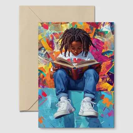 Young Girl Reading Book Colorful Abstract Background