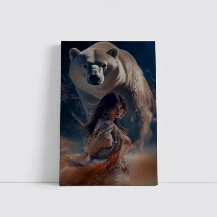 Woman and Polar Bear Mystical Night Art