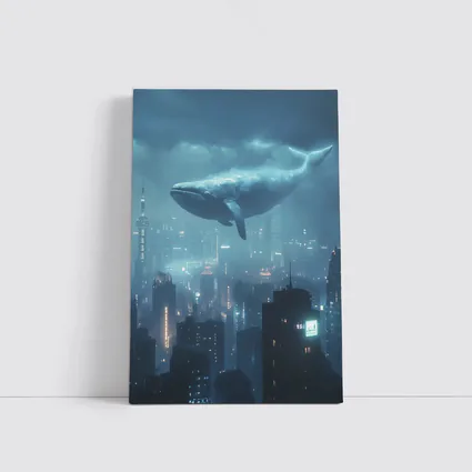 Blue Whale Flying Over Futuristic City