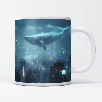 Blue Whale Flying Over Futuristic City